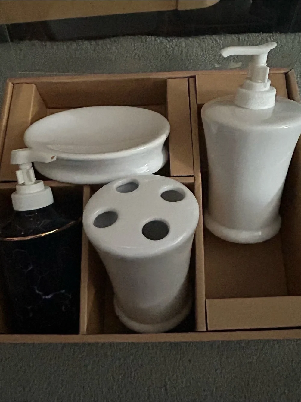 4 Piece Ceramic Bath Accessory Set, New (3 off white and 1 black marbleized)